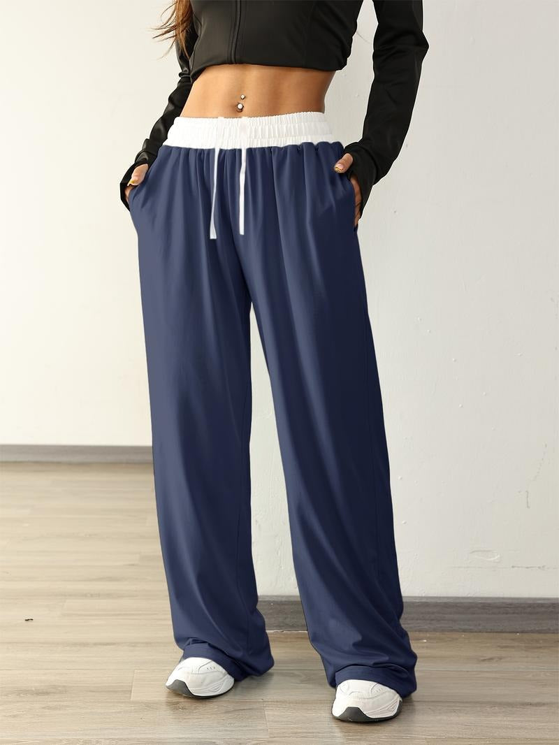 Contrast Waistband Wide Leg Sweatpants with Drawstring