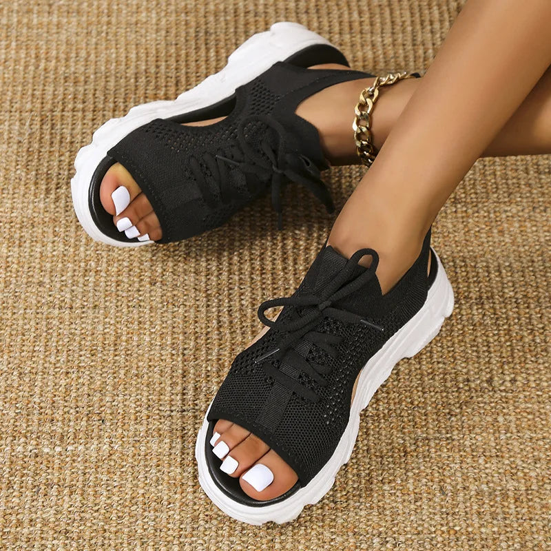 Knit Lace-Up Open Toe Platform Trainer Sandals