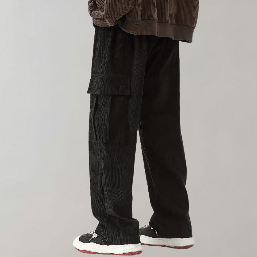 Wide Leg Corduroy Cargo Trousers with Drawstring Waist