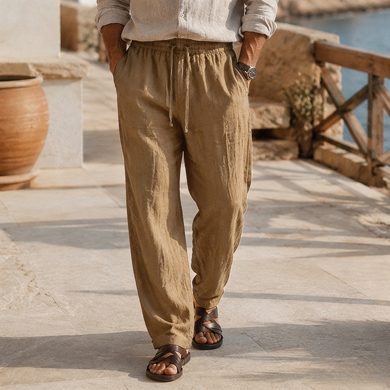 Loose Fit Lightweight Linen Beach Trousers with Drawstring Waist