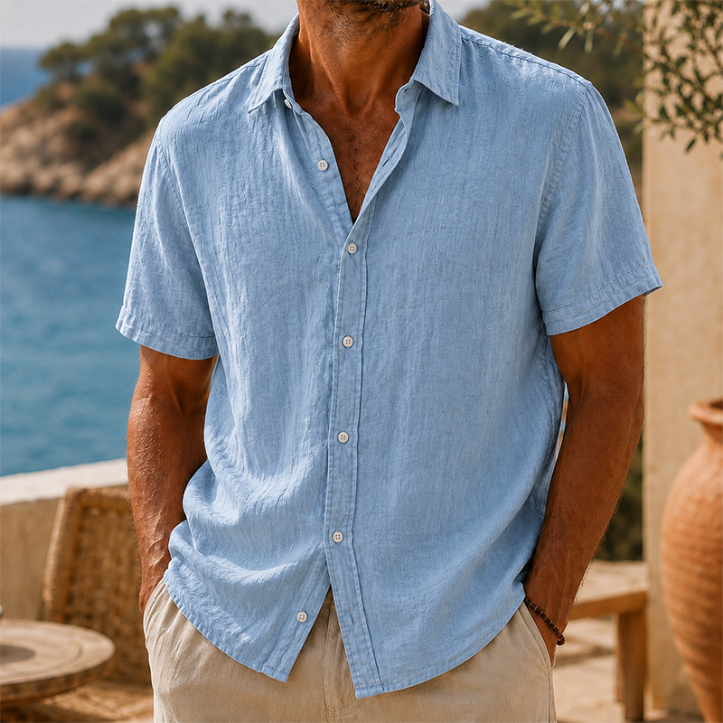 Short Sleeve Cotton Linen Shirt with Classic Collar