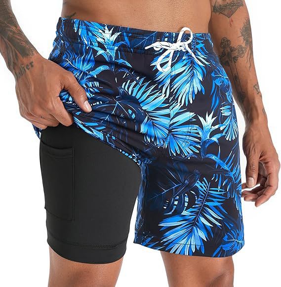 Short de bain 2-en-1 à imprimé palmiers, avec doublure de compression