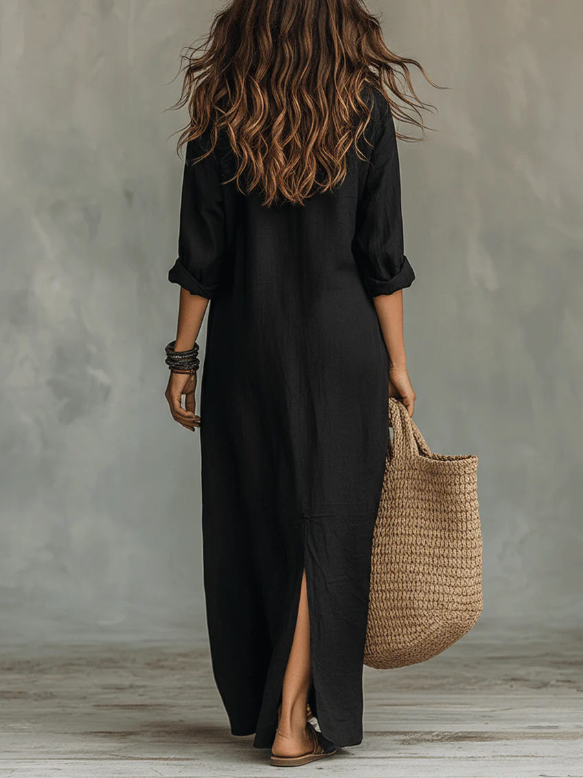 Robe-chemise longue fendue à col, boutonnée sur le devant