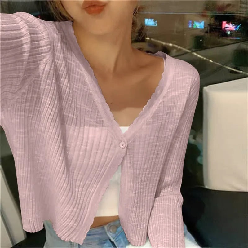 Ribbed Knit V-Neck Cropped Button Cardigan