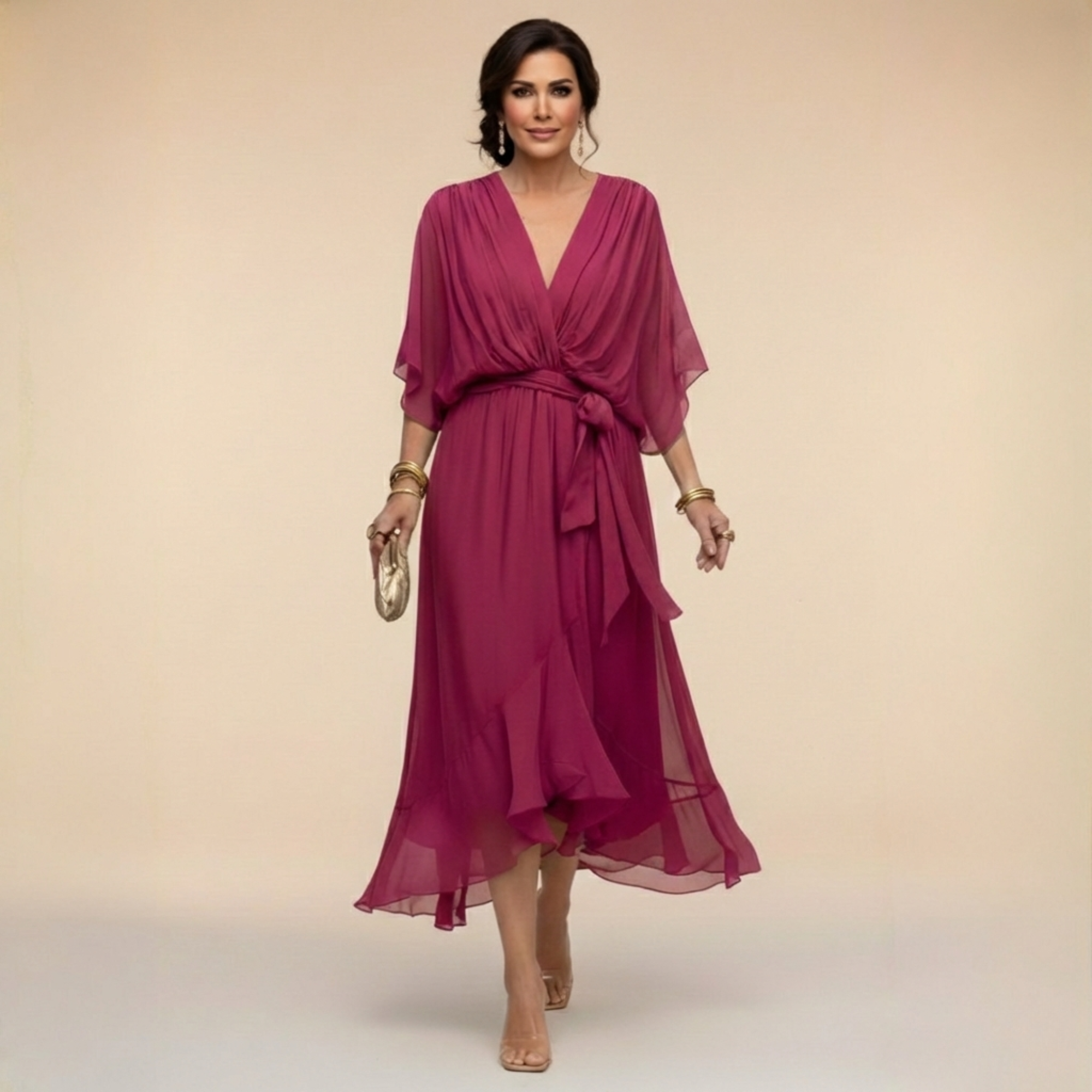 Robe midi portefeuille en mousseline à manches kimono