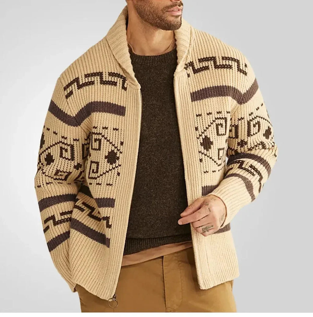 Cardigan zippé en maille à col châle et motif western pour homme
