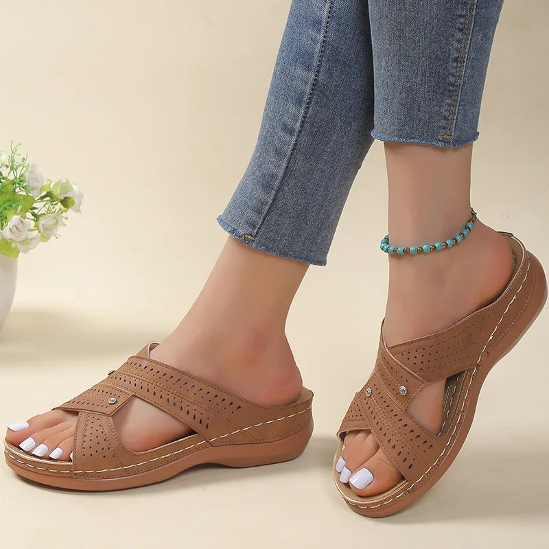 Cross-Strap Wedge Slide Sandals with Perforated Detail
