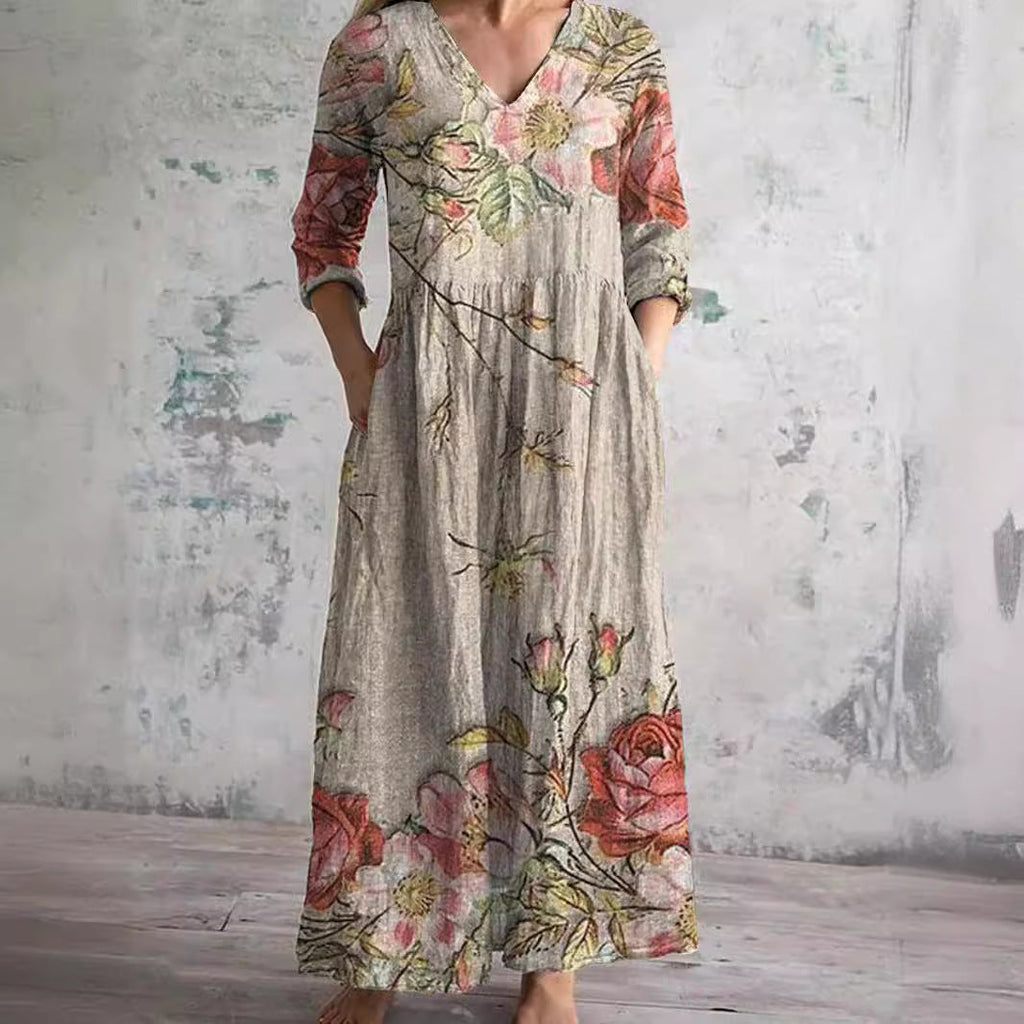 Botanical Floral Print V-Neck Maxi Dress with Pockets