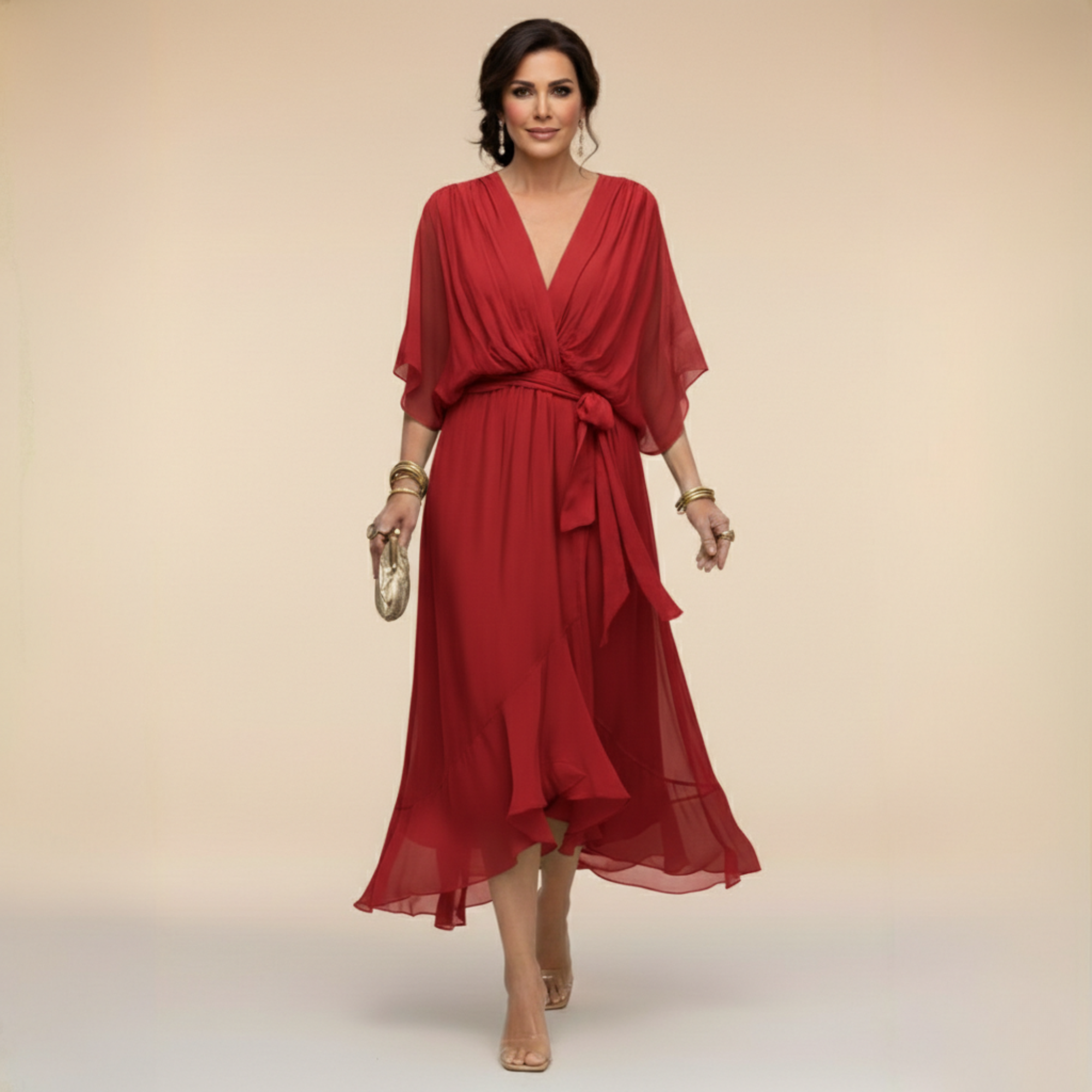 Robe midi portefeuille en mousseline à manches kimono