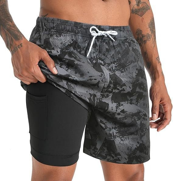 Short de bain 2-en-1 à imprimé palmiers, avec doublure de compression