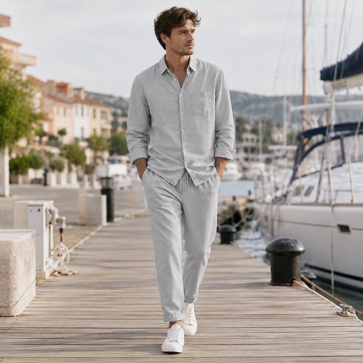 Linen Long Sleeve Shirt and Trousers Two Piece Set