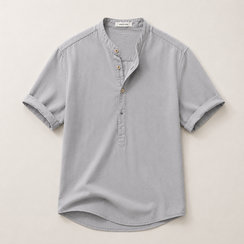 Short Sleeve Linen Henley Shirt with Band Collar