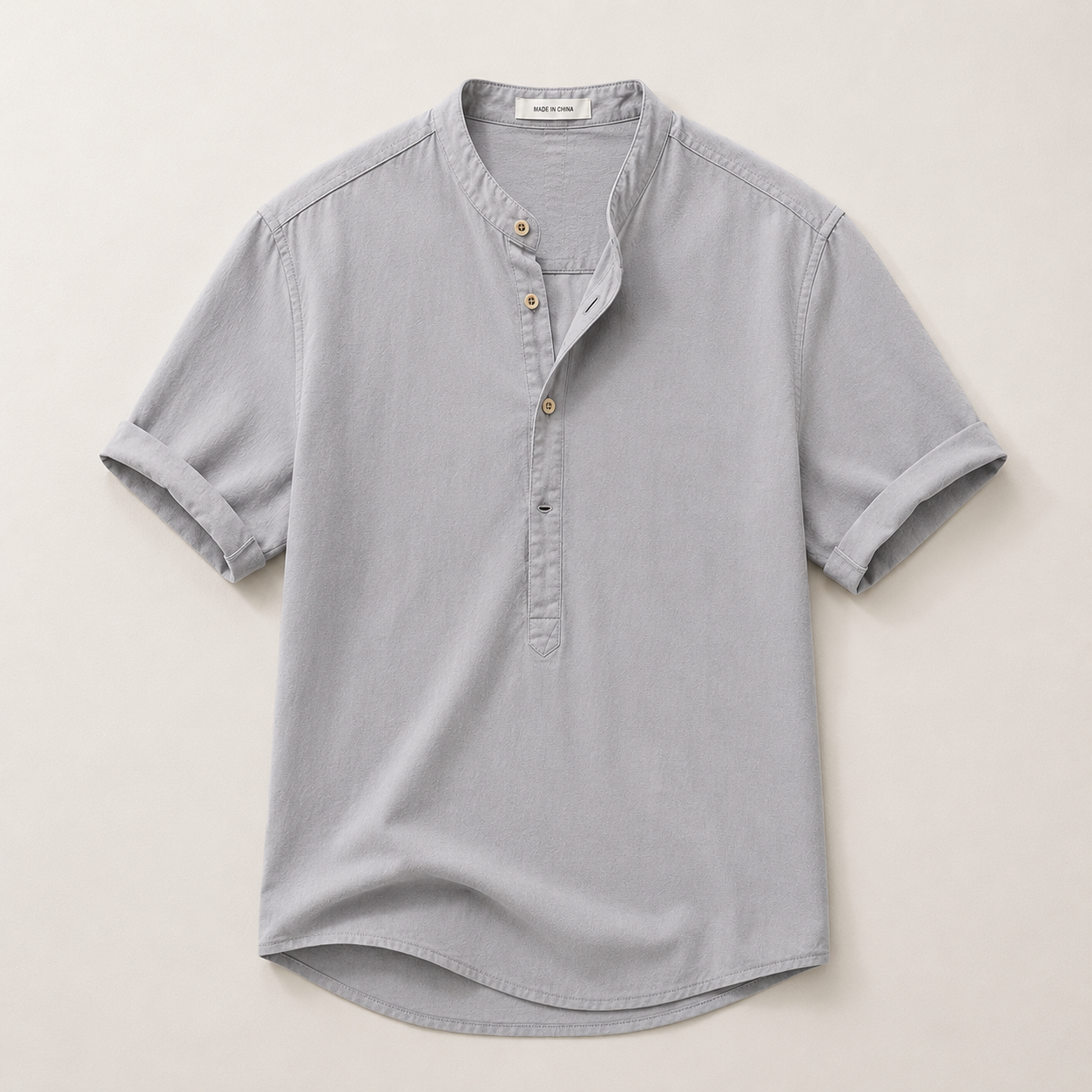Short Sleeve Linen Henley Shirt with Band Collar
