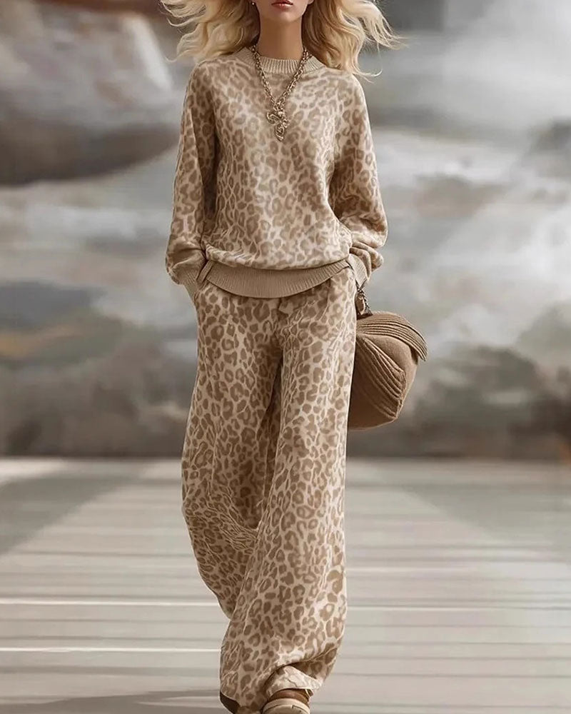 Women's Leopard Print Knit Sweater and Wide-Leg Trouser Set