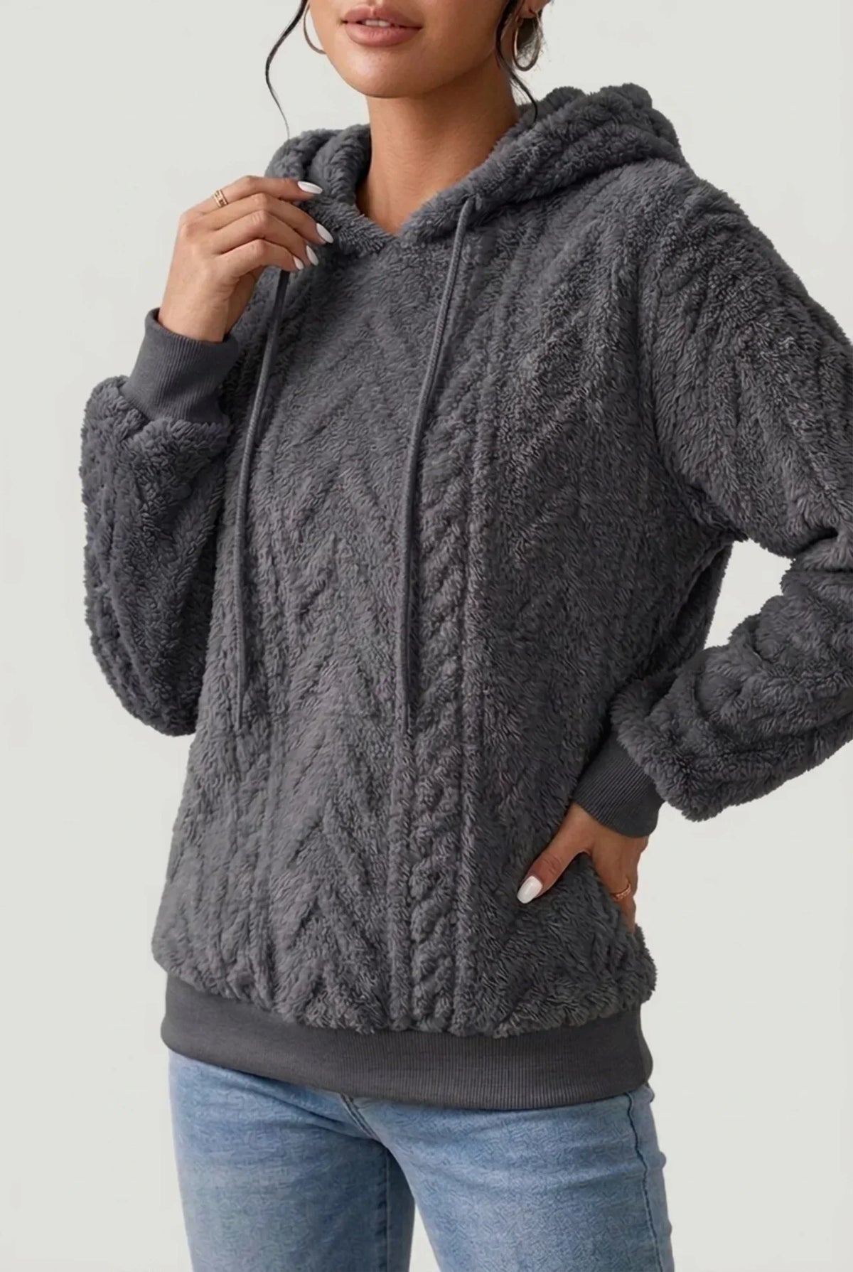 Women's textured hooded hoodie with drawstrings and ribbed cuffs