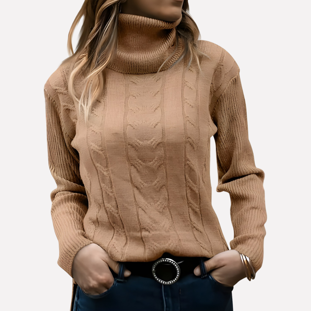 Women's slim fit cable knit turtleneck jumper with long sleeves