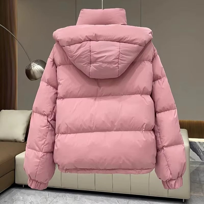 Women's cropped quilted puffer jacket with hood, long sleeves and zip front