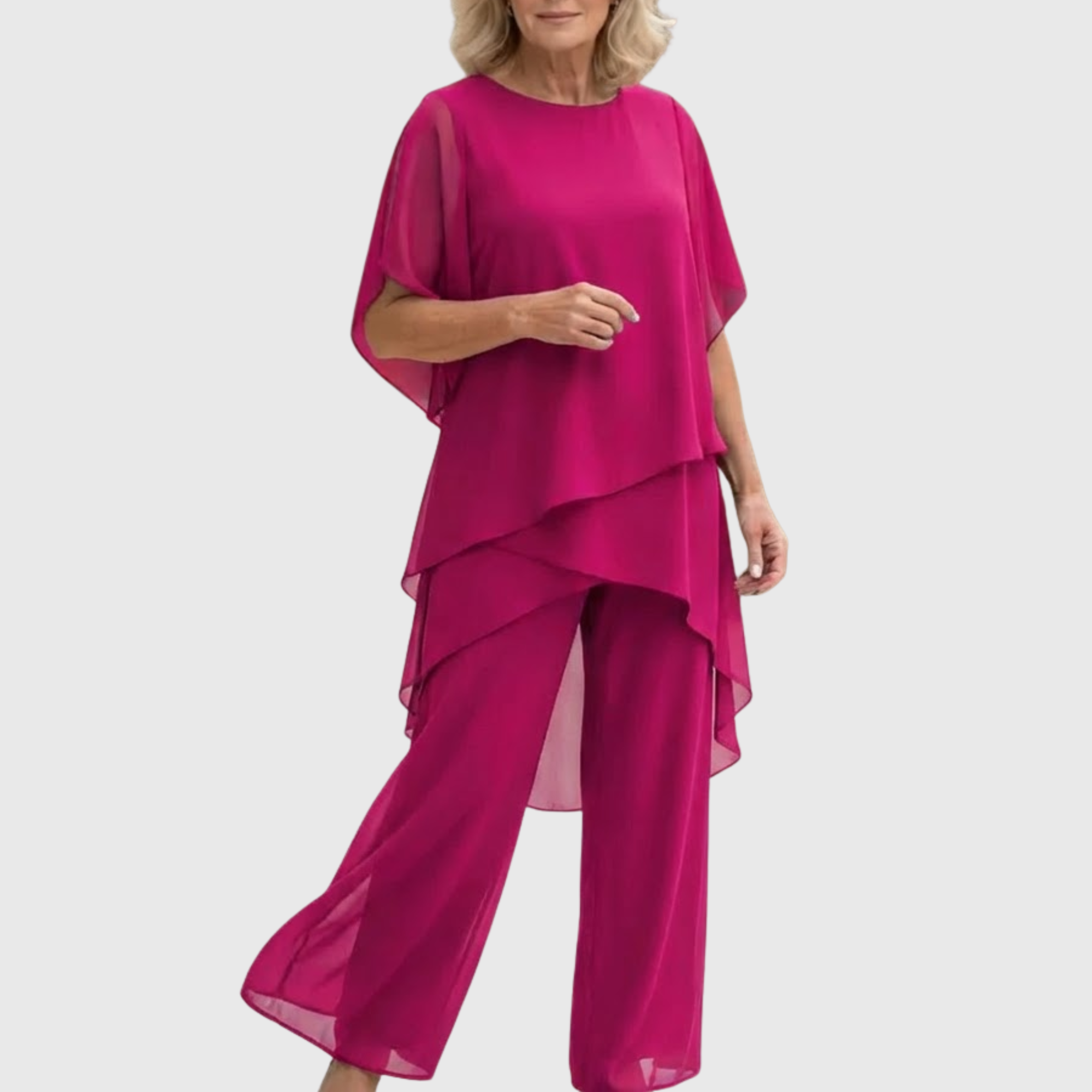 Ensemble haut à manches cape en mousseline étagée et pantalon