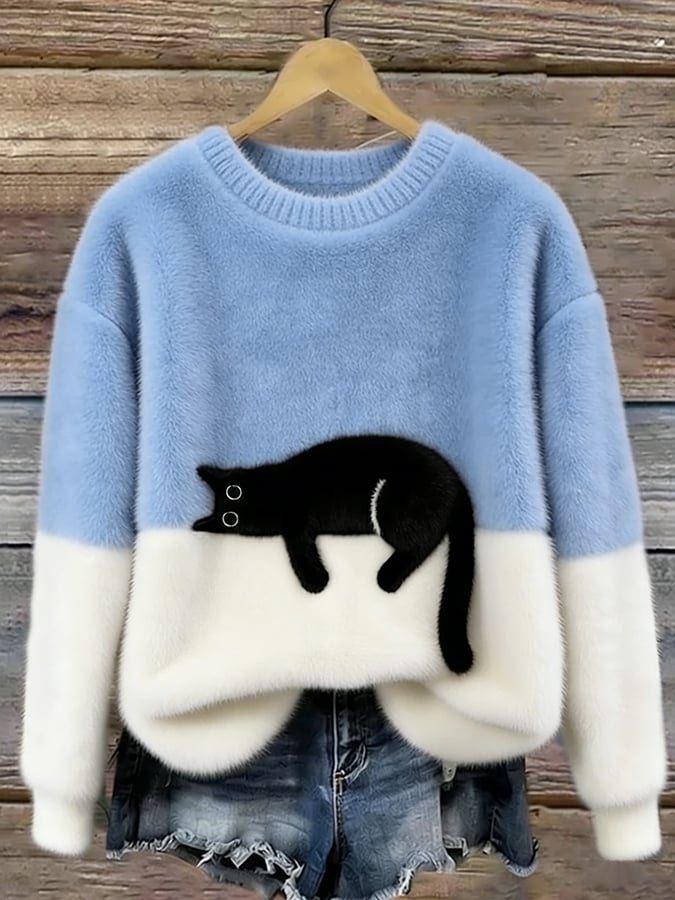 Women's Fluffy Cat Motif Colour Block Jumper