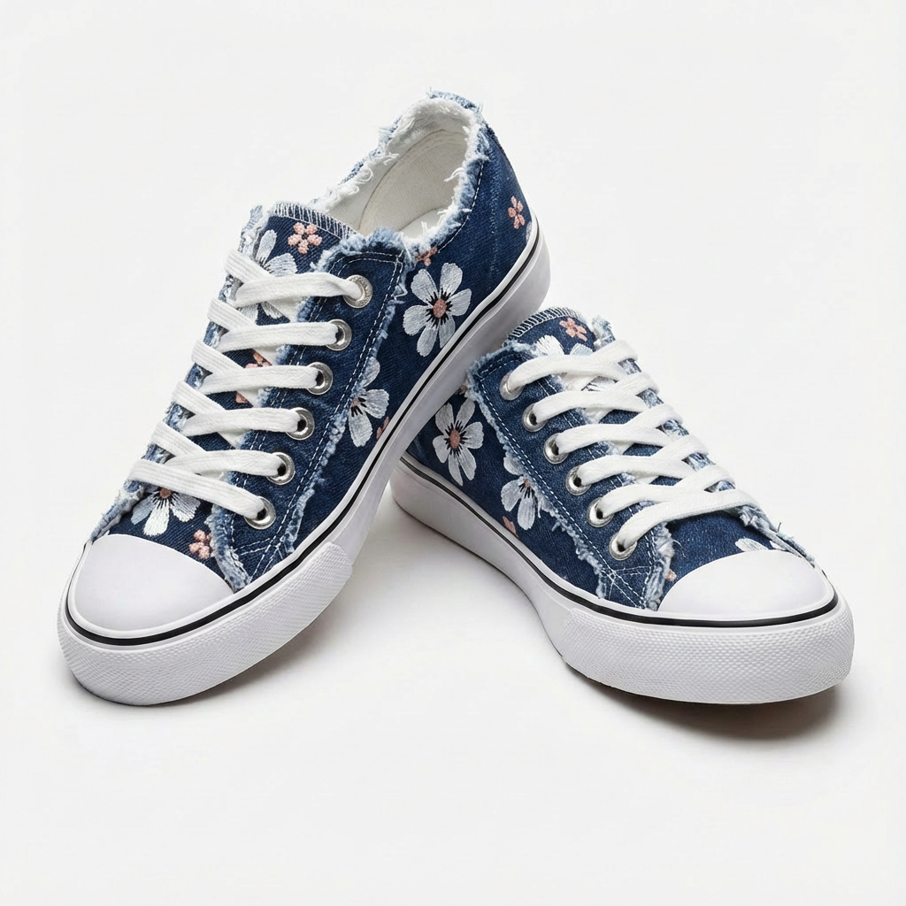 Women's Floral Print Distressed Denim Lace-Up Sneakers