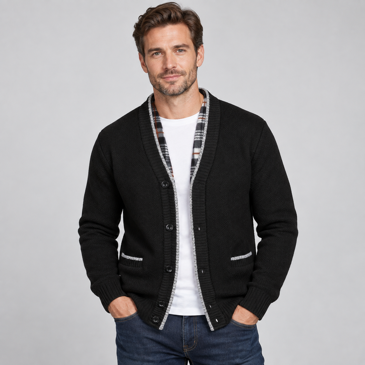 Men's Knit Shawl Collar Cardigan with Plaid Trim