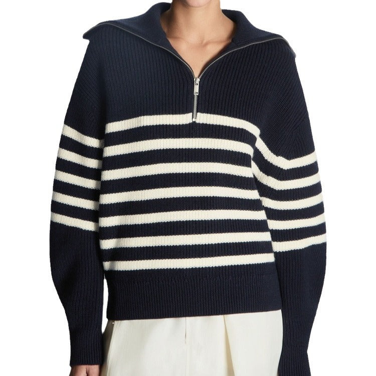 Women's Striped Half-Zip Ribbed Collar Knit Sweater