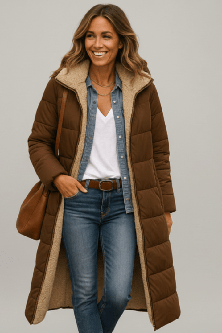 Women's Long Puffer Coat with Faux Shearling Trim
