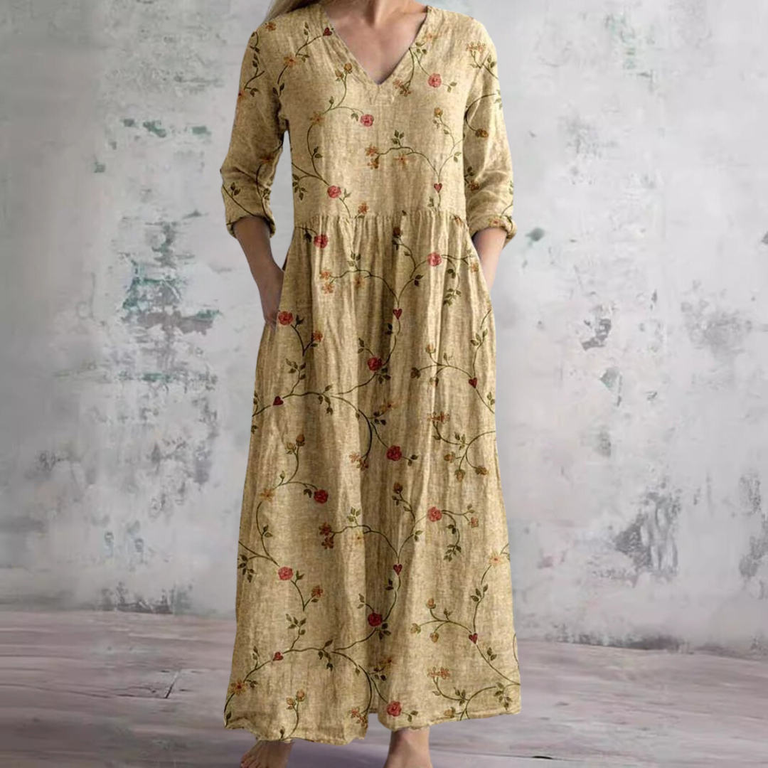 Robe longue à col en V avec imprimé floral botanique et poches