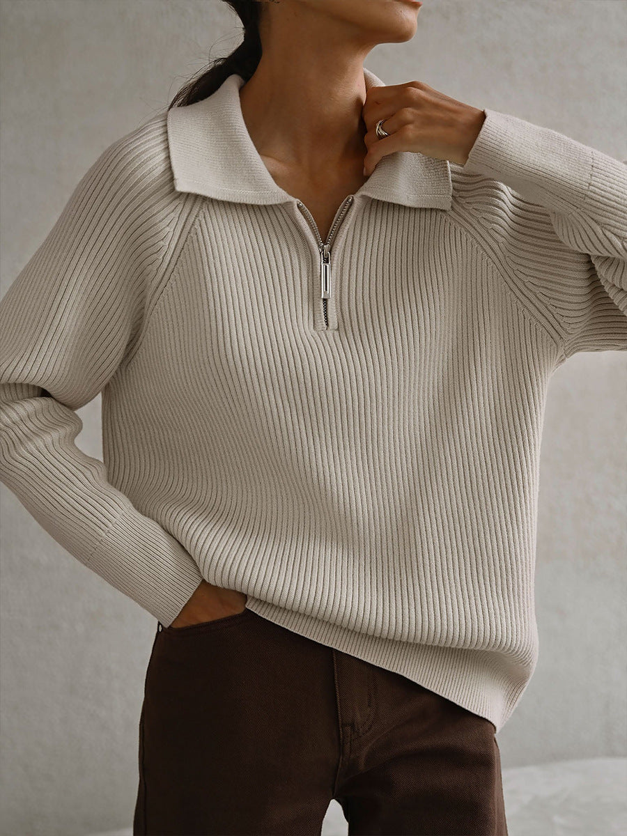 Women's Ribbed Half-Zip Collared Knit Sweater
