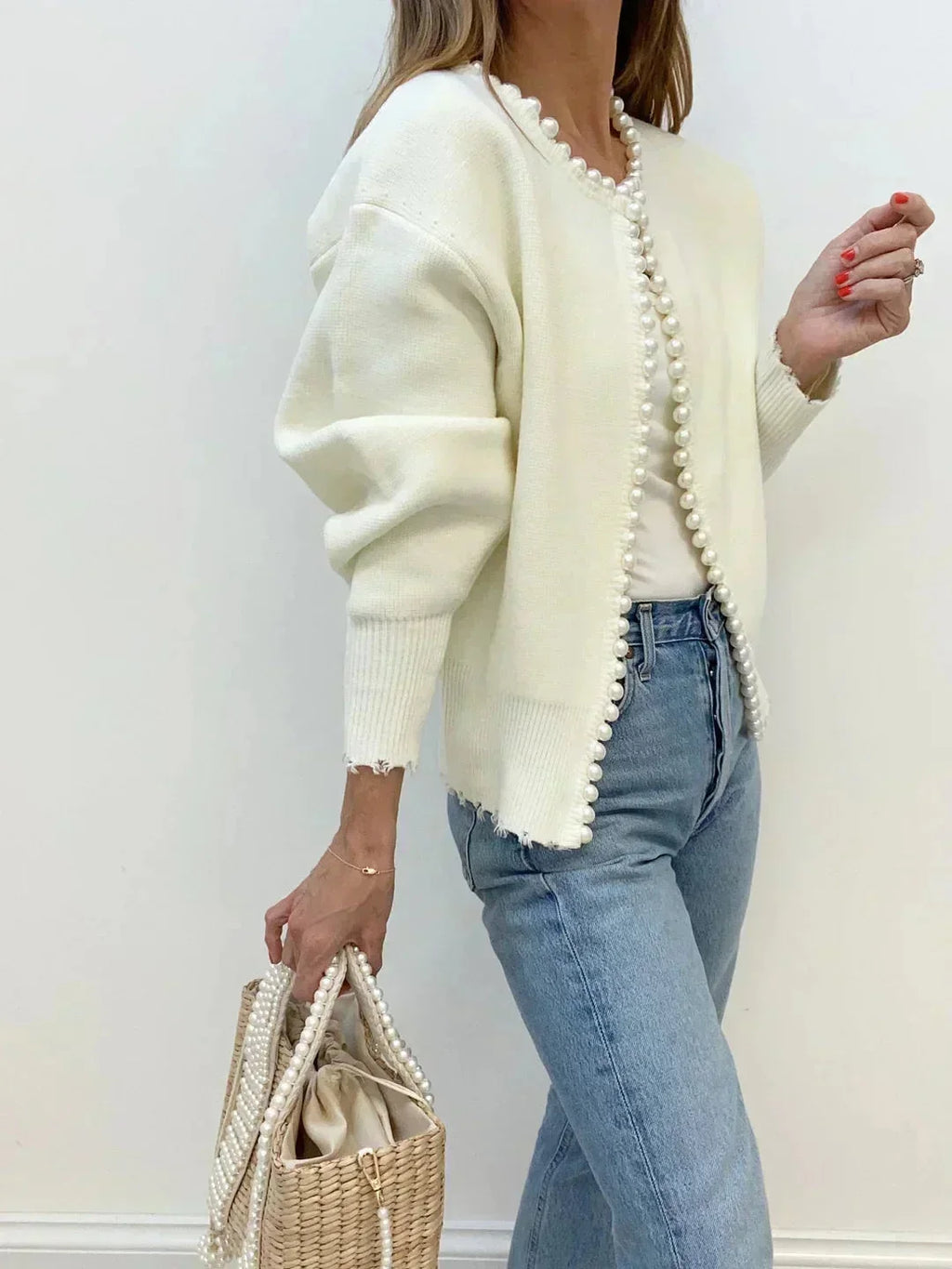 Gilet en maille ouvert sur le devant pour femme, orné de perles