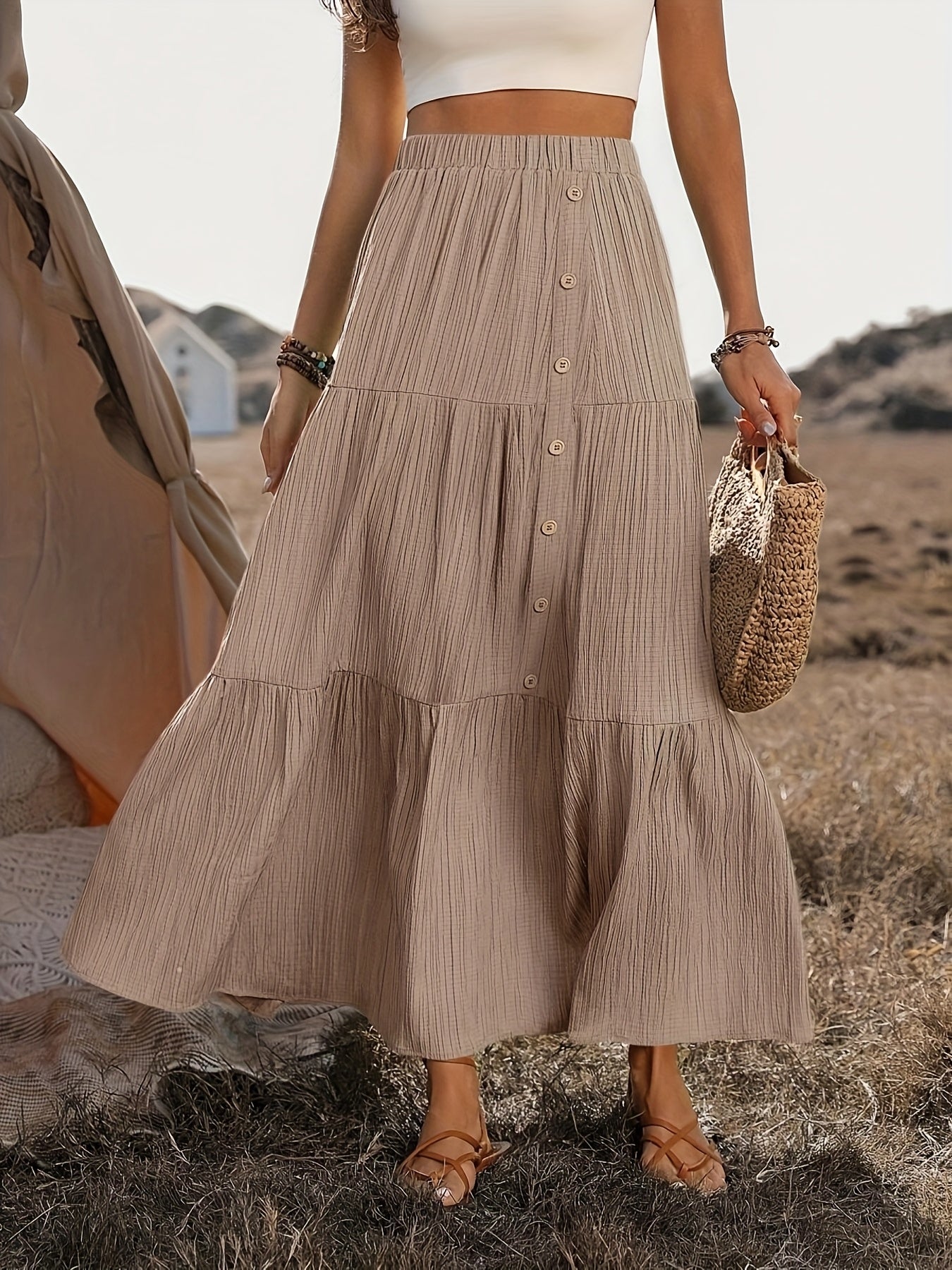 Tiered Boho Maxi Skirt with Button Front Detail