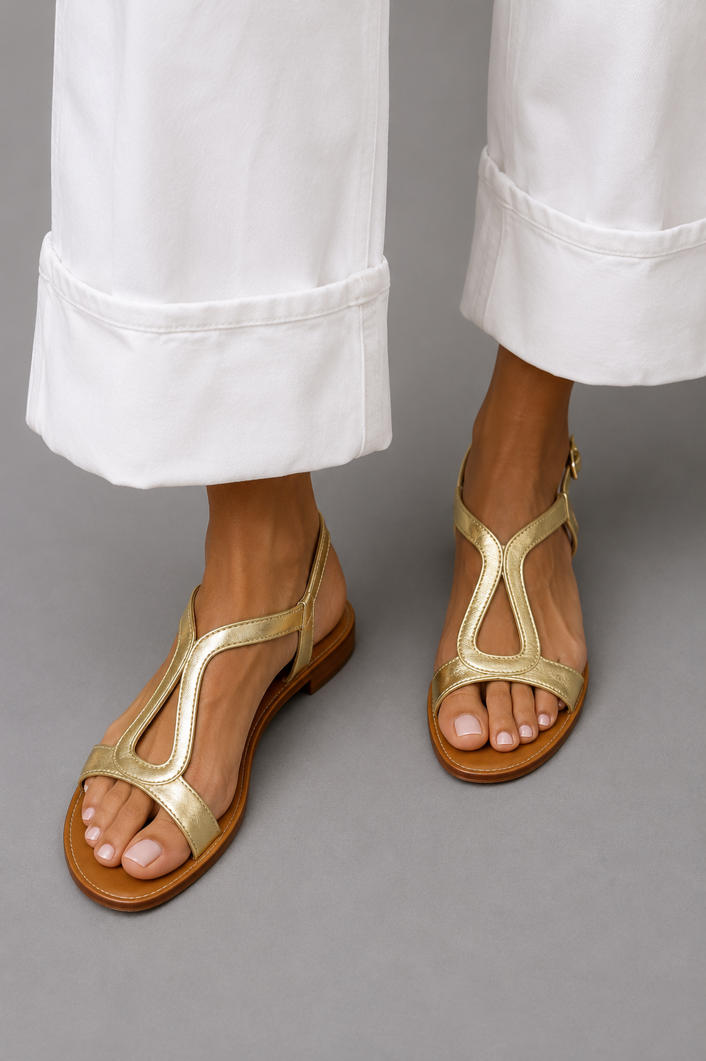 Metallic Cut-Out Strap Flat Sandals with Ankle Buckle
