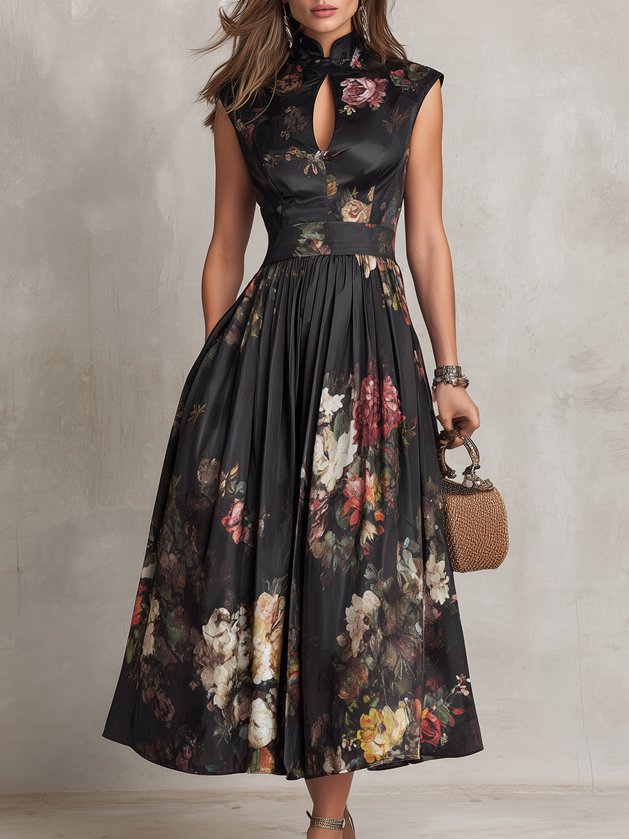 Floral Print Keyhole Neck Fit and Flare Midi Dress