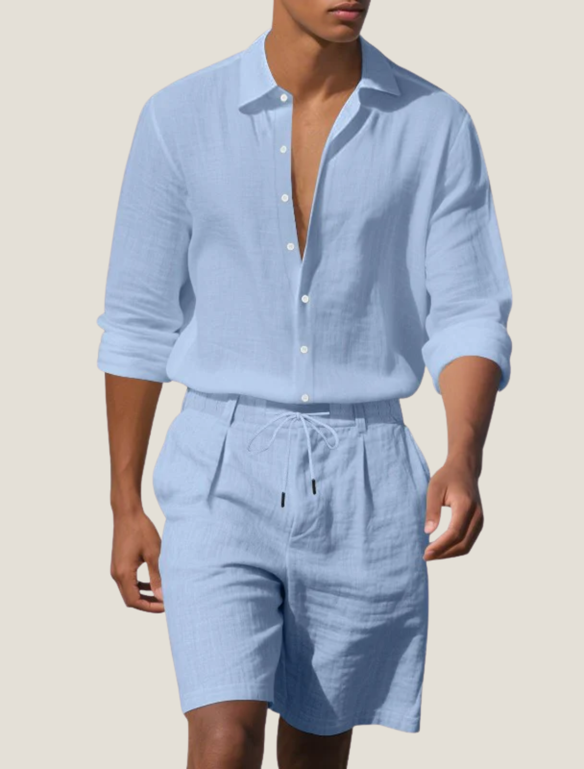 Linen Two Piece Set with Long Sleeve Shirt and Shorts