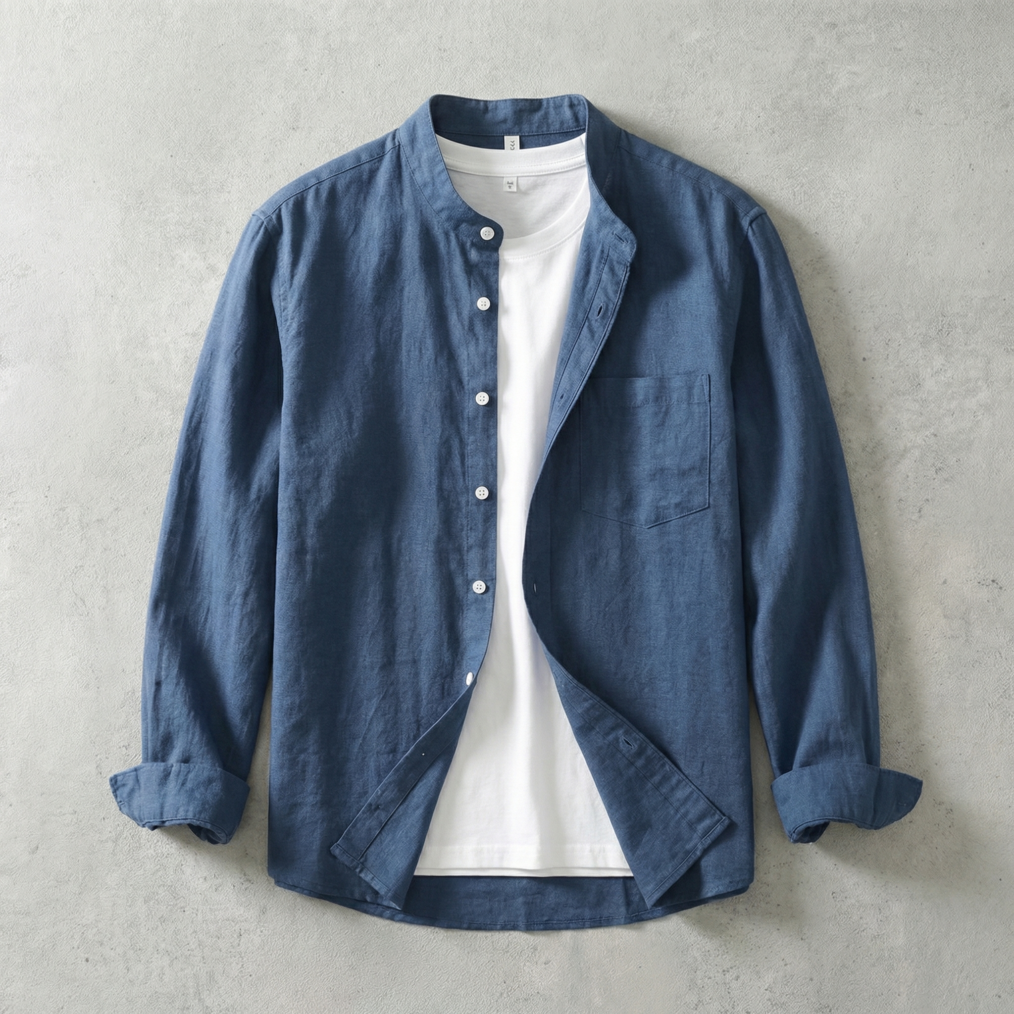 Long Sleeve Linen Shirt with Band Collar and Pocket