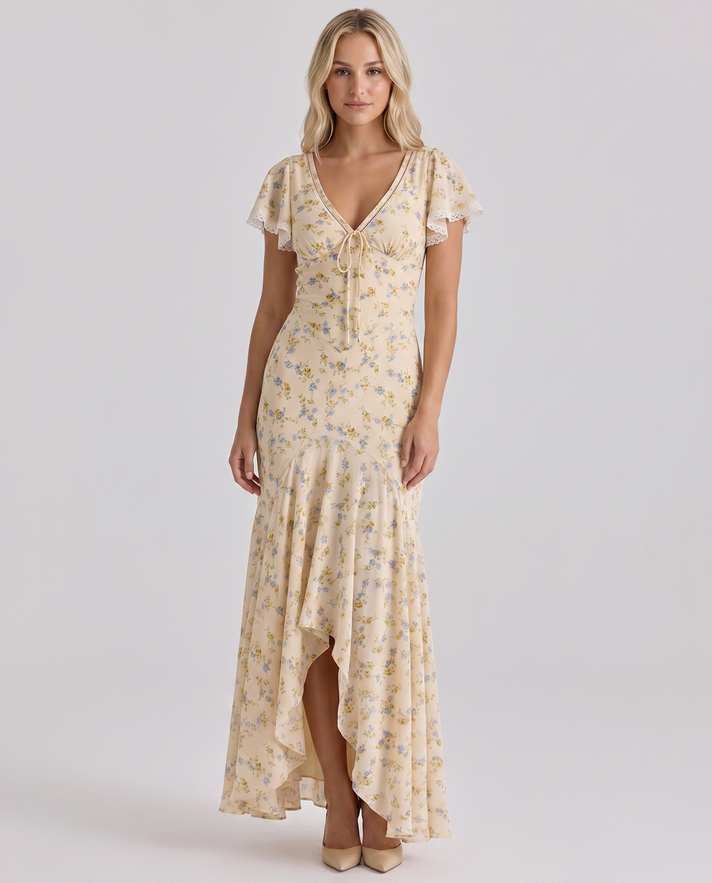 Floral Lace Trim Tie-Front Flutter Sleeve Maxi Dress