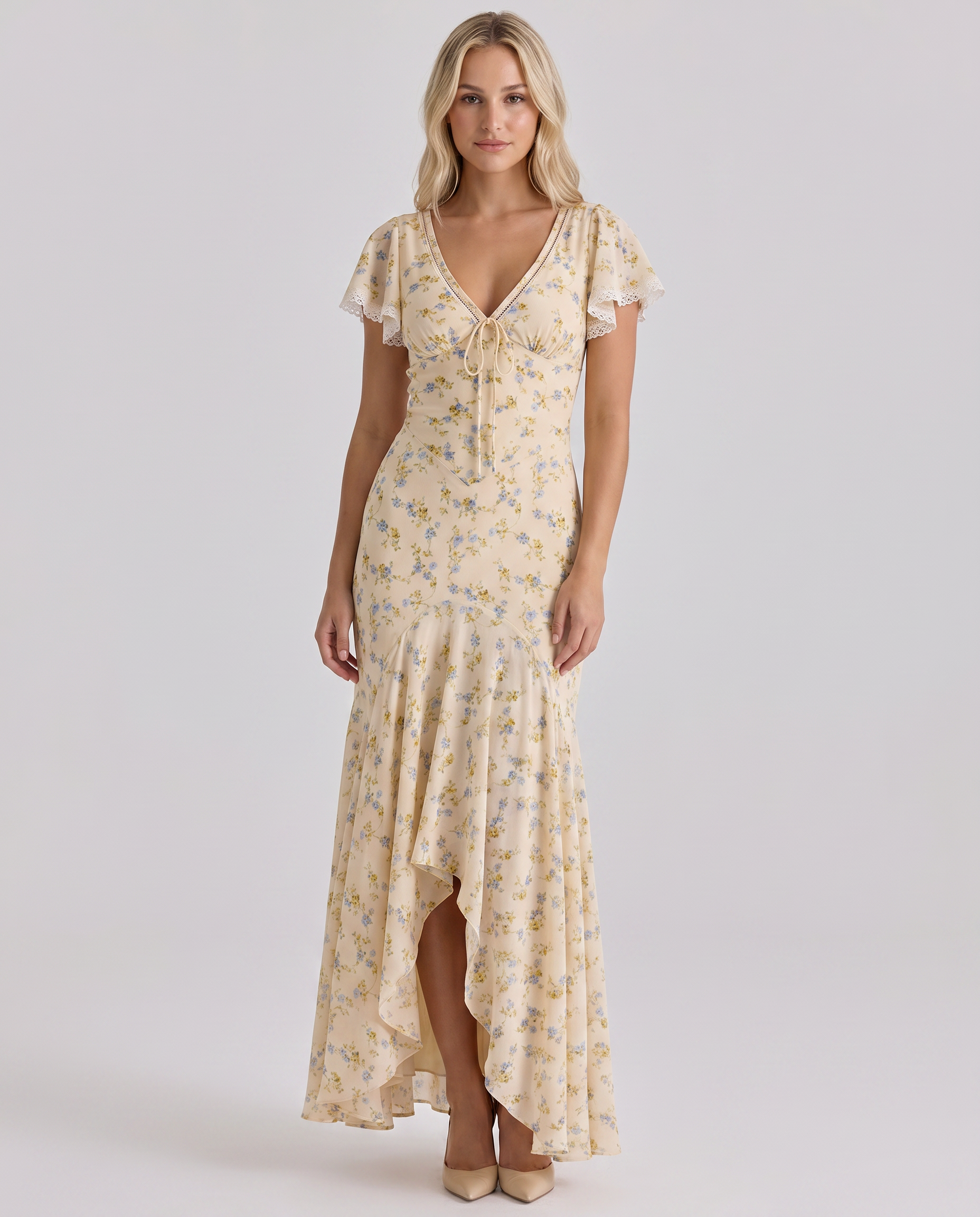 Floral Lace Trim Tie-Front Flutter Sleeve Maxi Dress
