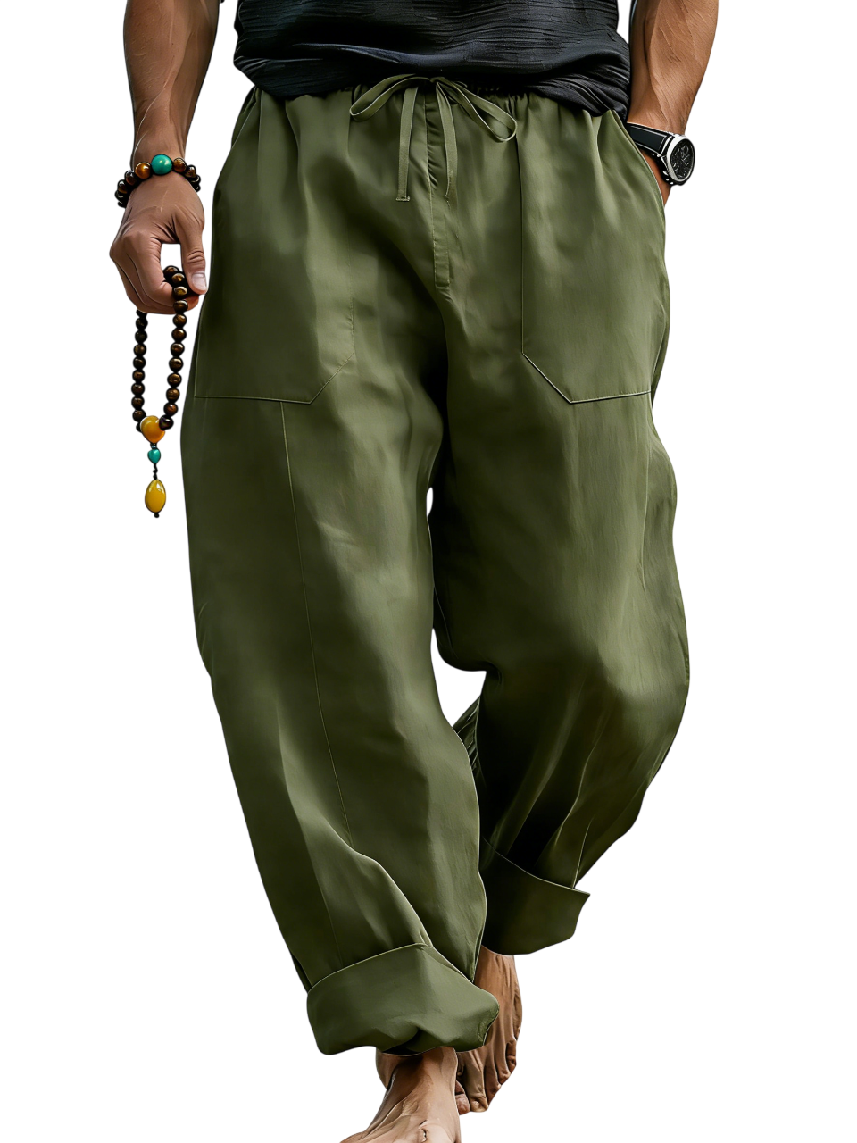 Loose Linen Blend Drawstring Trousers with Turn-Up Hem