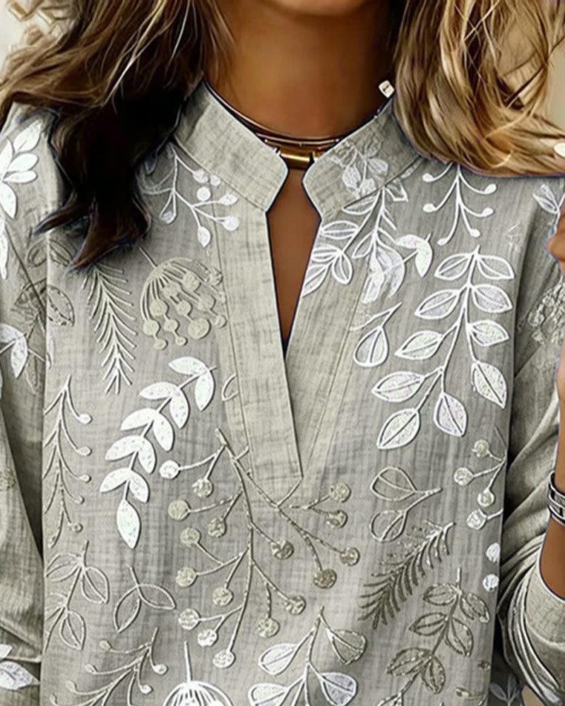 Botanical Print V-Neck Long Sleeve Blouse