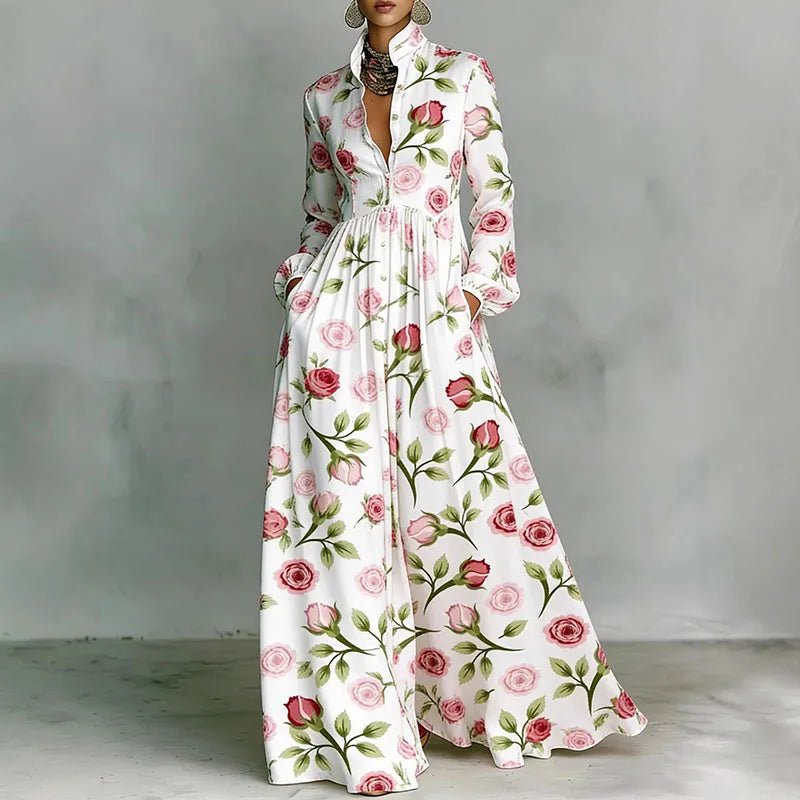 Geometric Print Button-Front Long Sleeve Maxi Dress
