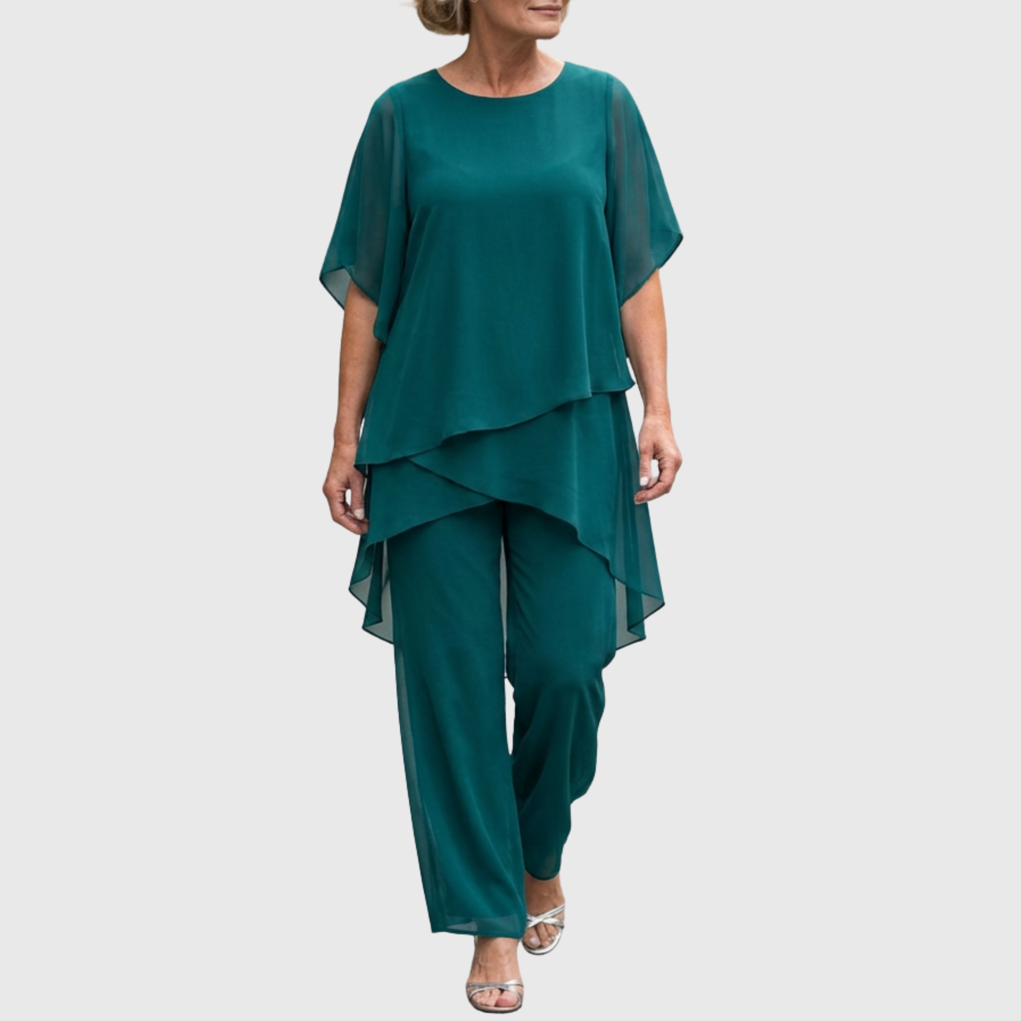 Tiered Chiffon Cape Sleeve Top &amp; Trouser Set