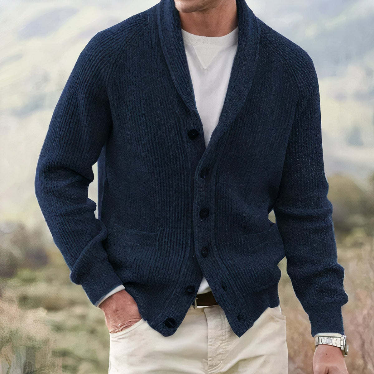 Men's textured knit cardigan with shawl neckline, buttons and patch pockets