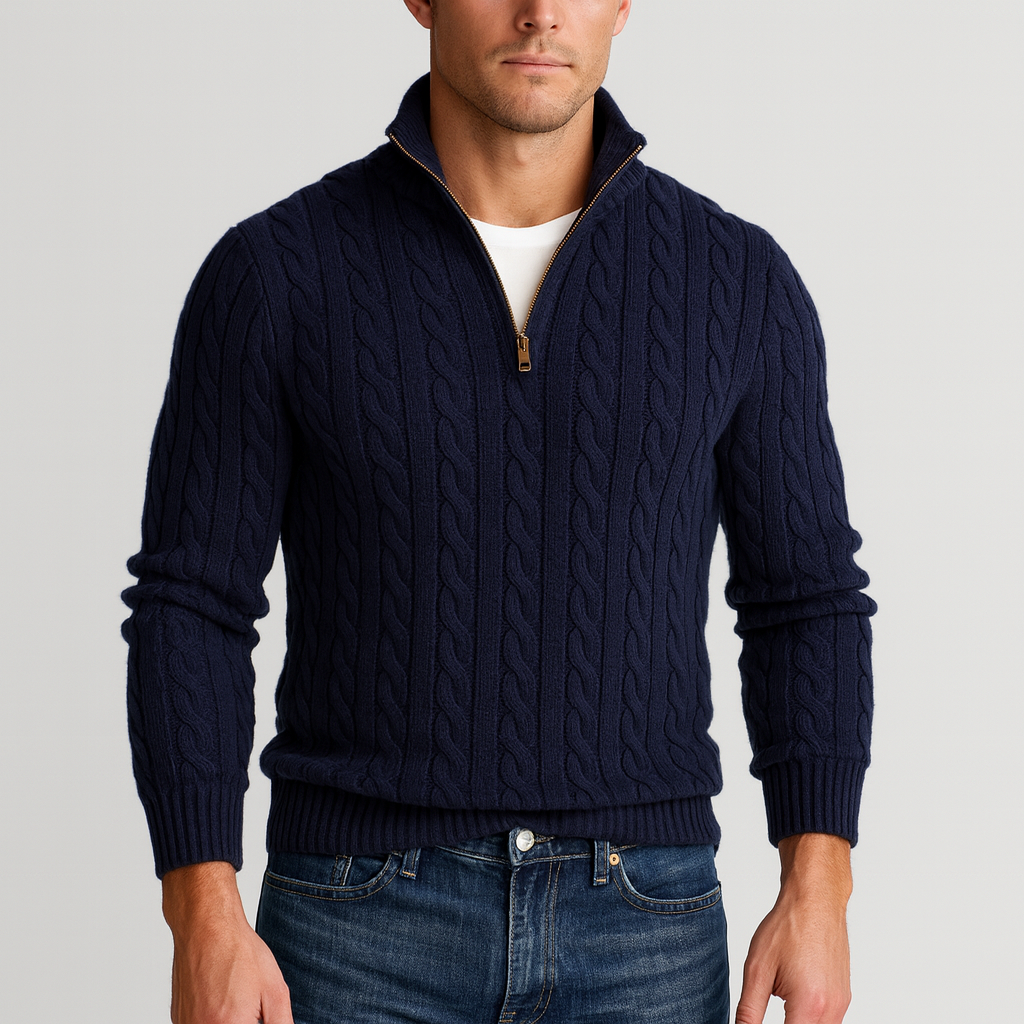 Men's cable knit half-zip mock neck sweater with long sleeves and ribbed trims