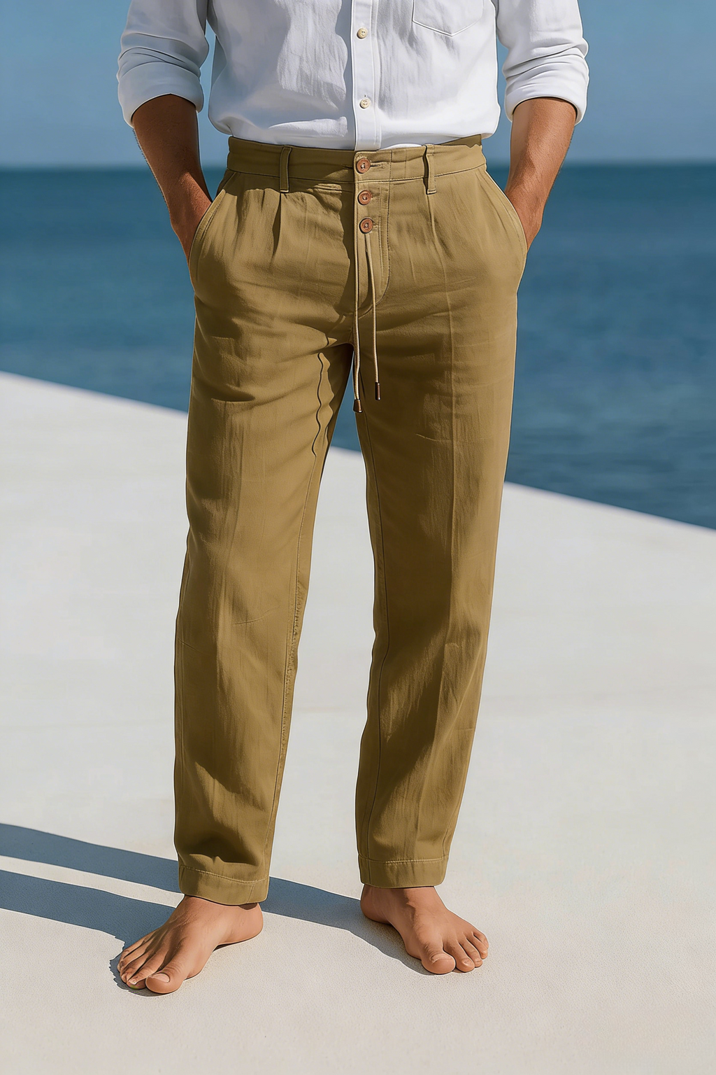 Tapered Fit Linen Trousers with Button Drawstring Waist