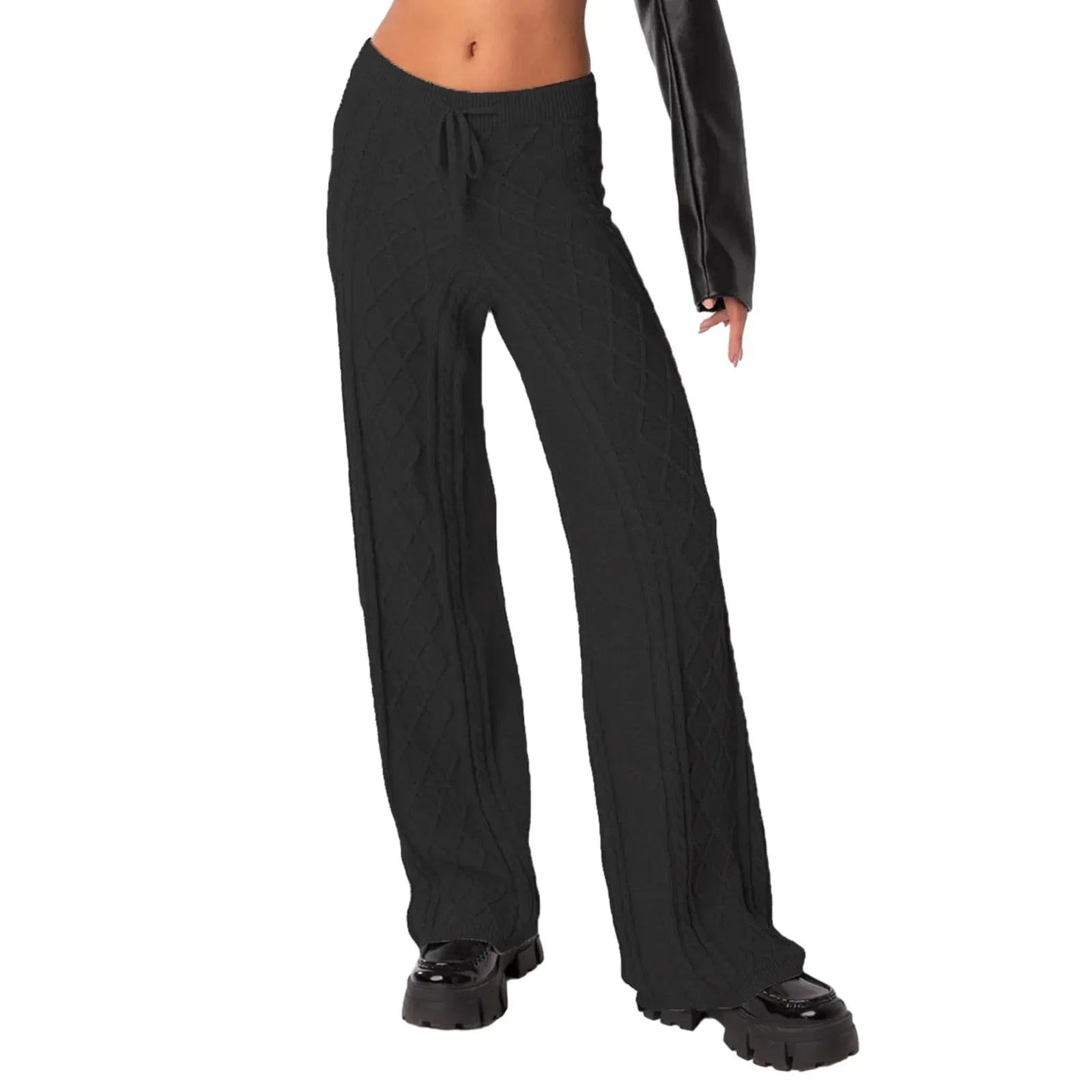 Cable Knit Wide Leg Trousers with Drawstring Waist