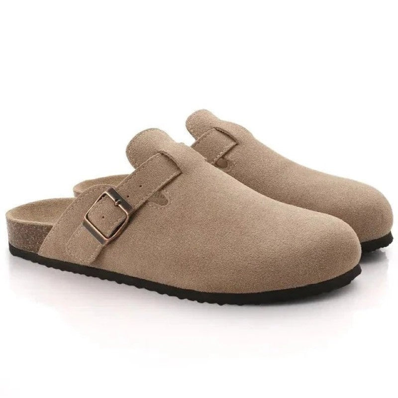 Suede Closed-Toe Clog Mules with Cork Footbed