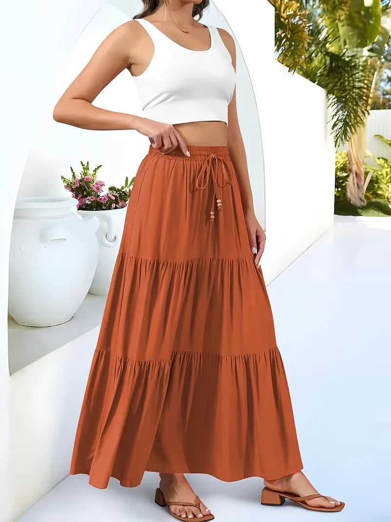 Tiered Maxi Skirt with Drawstring Tie Waist