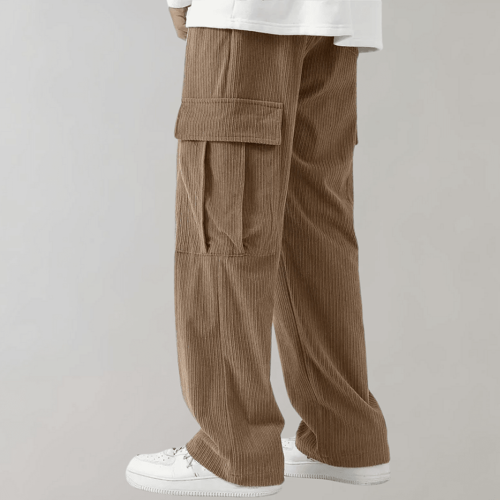 Wide Leg Corduroy Cargo Trousers with Drawstring Waist