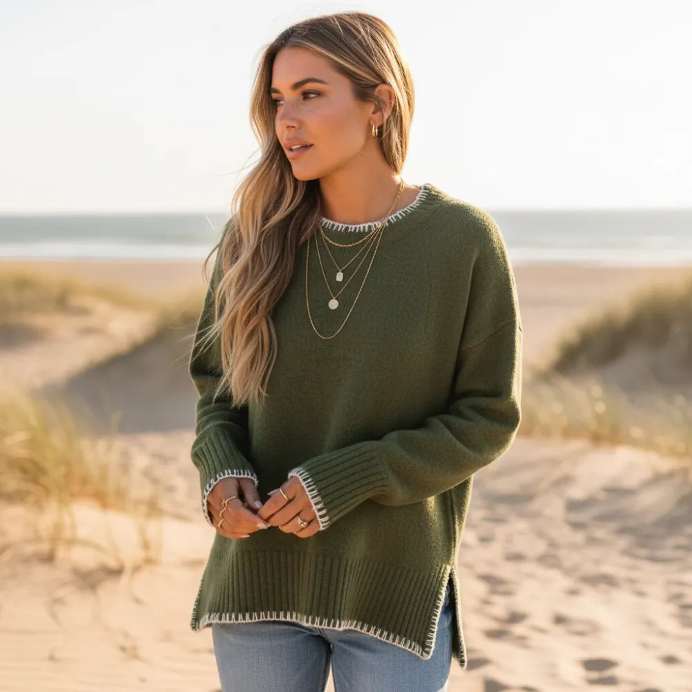 Women's Contrast Blanket Stitch Relaxed Knit Jumper