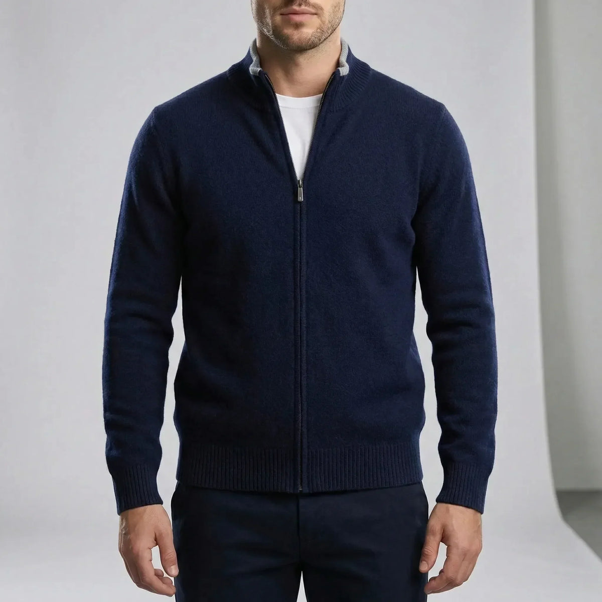 Men's plain knit cardigan with mock neck and full front zipper